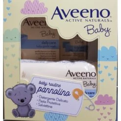 Aveeno Baby Linea Pediatrica Cofanetto Cambio Pannolino Bagnetto Delicato 500ml + Crema Barriera 100ml + 72 Salviettine